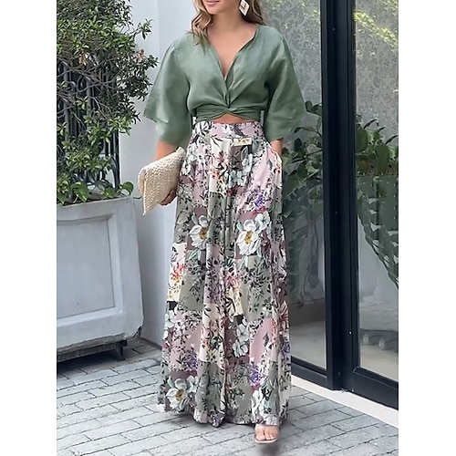 

Mulheres Blusa Conjuntos de calças Verde Floral Bolsos Nó Frente Imprimir Manga 3/4 Ao ar livre Encontro Para Noite Moda Roupa de rua Moderno Colarinho de Camisa Normal Outono