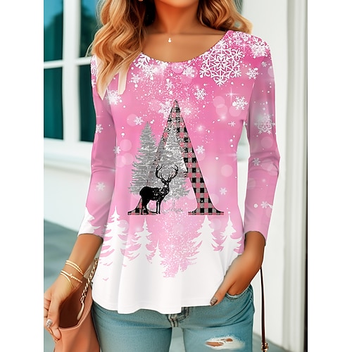 

Femme T shirt Tee Chemise de Noël Jaune Rose Claire Violet Arbre de Noël Motif de flocon de neige Renne Imprimer manche longue Noël Fin de semaine Fête / Célébration Noël Col Rond Standard Peinture