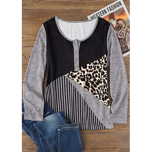 

Women's T shirt Tee Black Leopard Color Block Striped Button Print Long Sleeve Daily Weekend Basic Round Neck Regular Fit Painting Spring Fall