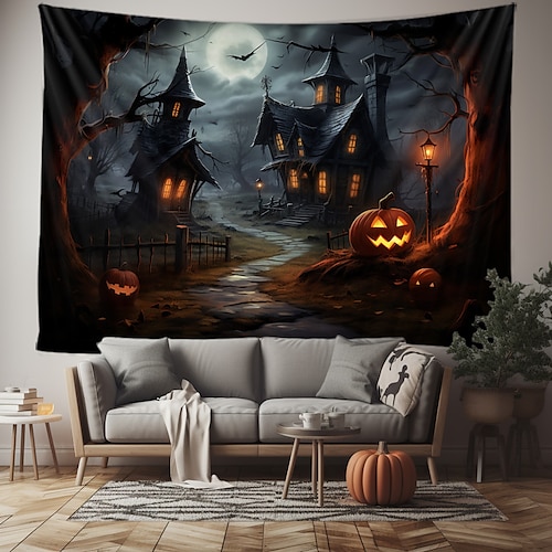  Halloween Decorations Wall Art Large Tapestry Mural Photo Background Blanket Curtains Bedroom Living Room Decoration Horror Pumpkin Monster Graveyard Haunted House