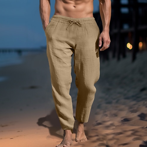 

Men's Linen Pants Trousers Summer Pants Beach Pants Pocket Drawstring Elastic Waist Plain Comfort Soft Daily Weekend Streetwear Casual Black White Micro-elastic
