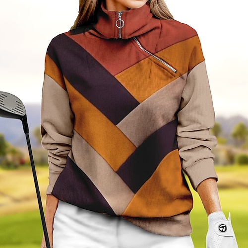 

Damen Golf-Hoodie Golfpullover Golf-Sweatshirt warm Atmungsaktiv Feuchtigkeitsableitung Langarm Golf-Oberbekleidung Shirt Regular Fit 1/4 Reißverschluss Stehkragen Geometrie Frühling Herbst Tennis