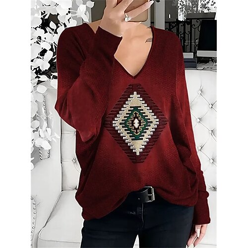 

Women's T shirt Tee Wine Tribal Print Long Sleeve Daily Weekend Ethnic V Neck Regular Fit Geometric Painting Spring Fall