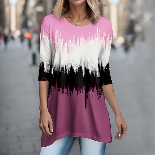 

Damen T Shirt Rosa Blau Purpur Farbblock Fließende Tunika Bedruckt Langarm Täglich Wochenende Modisch Rundhalsausschnitt Regular Fit Farbe Frühling Herbst