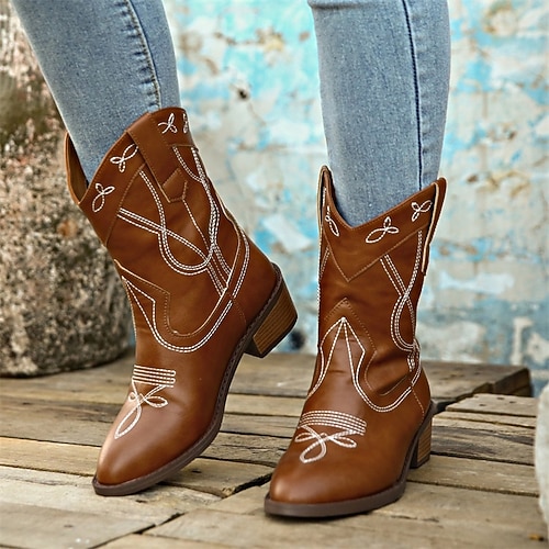 

Mulheres Botas Botas Cowboy Tamanhos Grandes Ao ar livre Diário Botas Botas Tornozelo Bordado Salto de bloco Salto Robusto Dedo Apontado Vintage Minimalismo Estilo industrial Couro Ecológico Mocassim