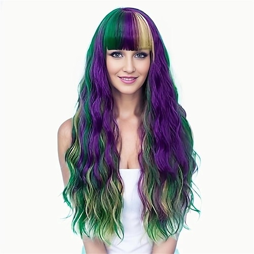 

Perucas sintéticas Encaracolado Franja Lisa Peruca Longo A1 Cabelo Sintético Mulheres Design de moda Macio Natural Roxo Verde Amarelo