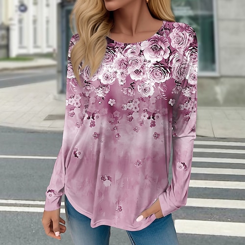 

Mujer Camiseta Rosa Floral Estampado Manga Larga Festivos Fin de semana Moda Escote Redondo Ajuste regular Flor Pintura Primavera Otoño