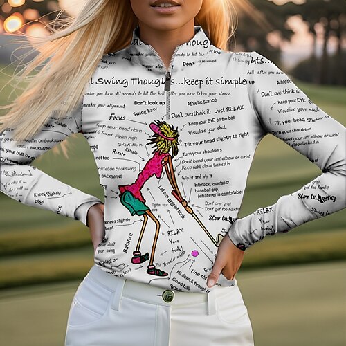 

женская рубашка поло забавная рубашка для гольфа дышащая быстросохнущая влагоотводящая одежда для гольфа с длинными рукавами одежда для гольфа стандартная посадка воротник-стойка на молнии с принтом