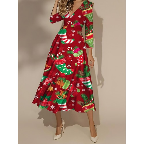

Women's Casual Dress Christmas Dress Swing Dress Plaid Snowflake Print V Neck Midi Dress Fashion Streetwear Outdoor Christmas 3/4 Length Sleeve Regular Fit Red Burgundy Green Fall Winter S M L XL XXL