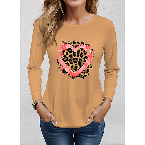 

Women's T shirt Tee Black White Yellow Leopard Heart Print Long Sleeve Valentine Weekend Fashion Round Neck Regular Fit Painting Spring Fall