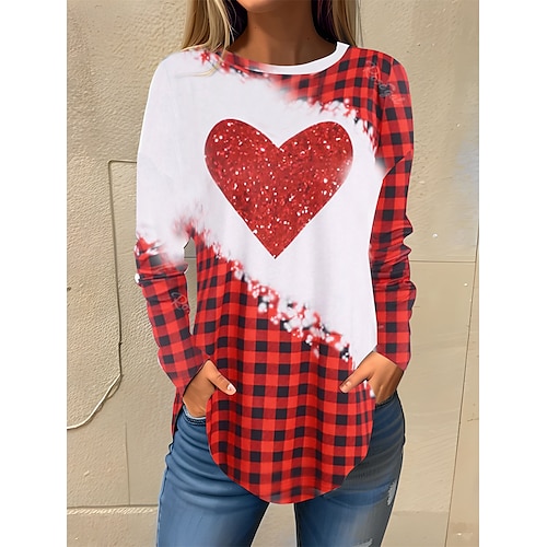 

Damen T Shirt Weihnachts-Shirt Rosa Rote Blau Plaid Herz Bedruckt Langarm Weihnachten Wochenende Fest / Feiertage Weihnachten Rundhalsausschnitt Regular Fit Farbe Frühling Herbst