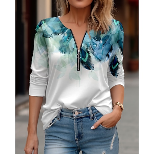 

Damen T Shirt Gelb Rote Blau Feder Viertel Postleitzahl Bedruckt Langarm Täglich Wochenende Modisch V Ausschnitt Regular Fit Farbe Frühling Herbst