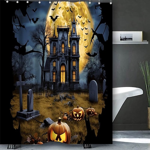 

Halloween Shower Curtain with Hooks Bathroom Decor Waterproof Fabric Shower Curtain Set with12 Pack Plastic Hooks