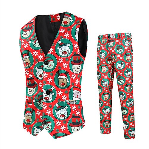 

Costume Homme Noël Ensemble 2 pièces Rouge Imprimé Coupe Sur-Mesure 2023