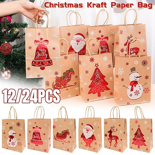 

6 Styles Christmas Gift Bags Kraft Paper Bag for Christmas Snack Clothing Present Box Packaging Bag Xmas Gift Bag (12/24PCS)