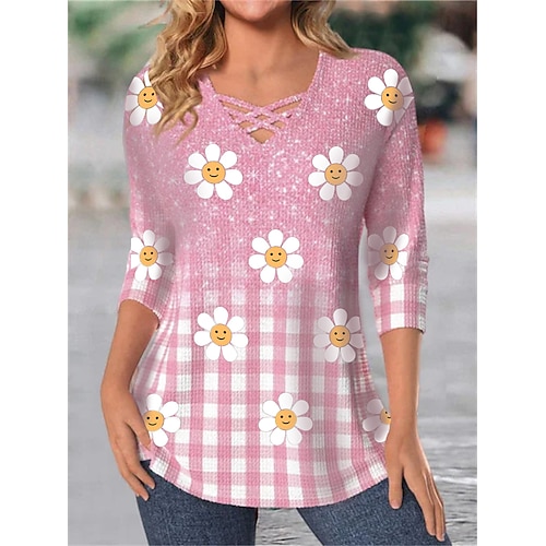 

Femme T shirt Tee Jaune Rose Claire Bleu Floral Plaid Imprimer manche longue Vacances Fin de semaine Mode Col V Standard Fleur Peinture Printemps Automne