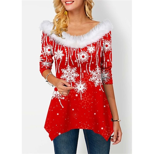 

Damen T Shirt Weihnachts-Shirt Rote Blau Fuchsie Schneeflocke Asymmetrisch Bedruckt Langarm Täglich Wochenende Fest / Feiertage V Ausschnitt Regular Fit Farbe Herbst Winter