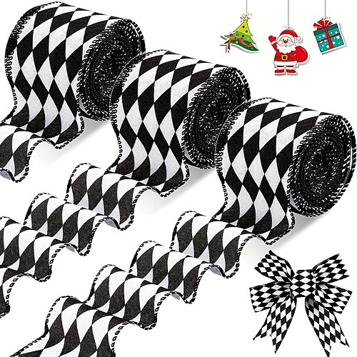 

Christmas Checkered Ribbon Black and White Check Ribbon Diamond Check Wired Edge Ribbon Diamond Pattern Decorative Ribbons for Christmas Fall Tree Wrapping DIY Crafts 1 Rolls 2.5 Inch x 5Yards