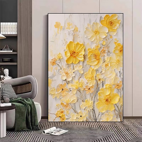 

Pintado a mano de color amarillo, aceite grueso, cuchillo abstracto, pintura al óleo de flores sobre lienzo para decoración de sala de estar, textura de flor, lienzo enrollado abstracto (sin marco)