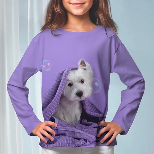 Camiseta para cachorro 3D para meninas manga longa estampa 3D outono inverno moda ativa fofa poliéster crianças de 3 a 12 anos gola redonda ao ar livre casual diário ajuste regular