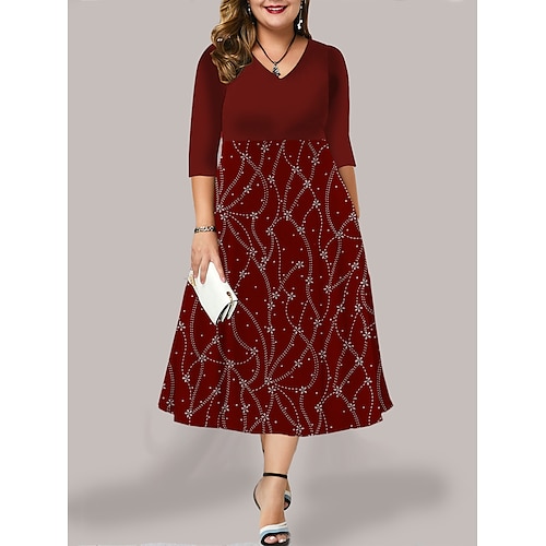 

Damen Übergröße Kurve Casual kleid Arbeitskleidung Schaukelkleid Blumen kleid lang 3/4 Ärmel Tasche Bedruckt V Ausschnitt Modisch Outdoor Wein Blau Herbst Winter L XL XXL 3XL 4XL