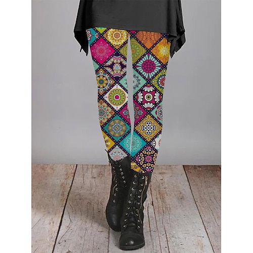 

Women's Leggings Moroccan Mandala Colourful Ethnic Style Full Length Stretchy Medium Waist Stylish Retro Vintage Causal Casual Black Grey Dark-Gray S M Fall Winter