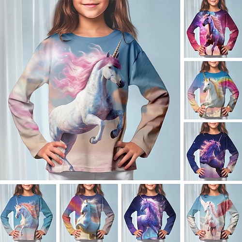 Tyttöjen 3D Kuvitettu Piirretty Yksisarvinen T-paita Pitkähihainen 3D-tulostus Kesä Syksy Aktiivinen Muoti söpö tyyli Polyesteri Lapset 3-12 vuotta ulko- Kausaliteetti Päivittäin Normaali