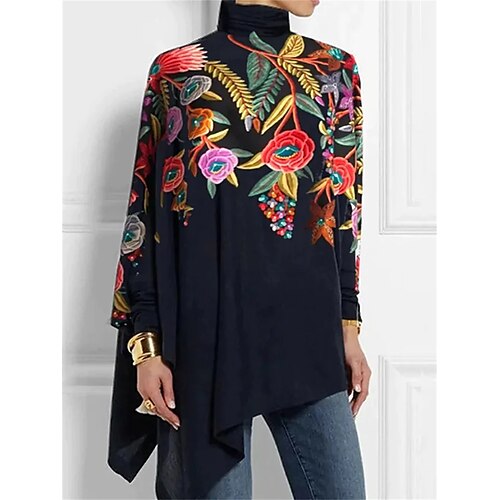 

Damen T Shirt Schwarz Rote Blumen Asymmetrisch Bedruckt Langarm Festtage Wochenende Modisch Stehkragen Regular Fit Blume Farbe Frühling Herbst