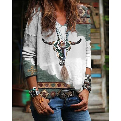 

Women's T shirt Tee White Wine Orange Tribal Print Long Sleeve Daily Weekend Ethnic V Neck Regular Fit Geometric Painting Spring Fall