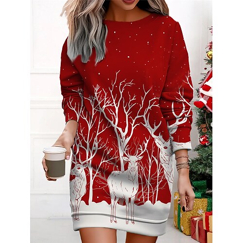 

femme Noël tenue décontractée robe sweat mini robe chaud mode extérieur vacances col rond imprimé bonhomme de neige arbre de Noël coupe ample noir rouge bleu roi s m l xl xxl