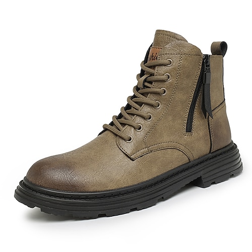 

Men's Boots Combat Boots Vintage Sporty Casual Outdoor Daily PU Warm Comfortable Slip Resistant Booties / Ankle Boots Zipper Lace-up Black Khaki Fall Winter