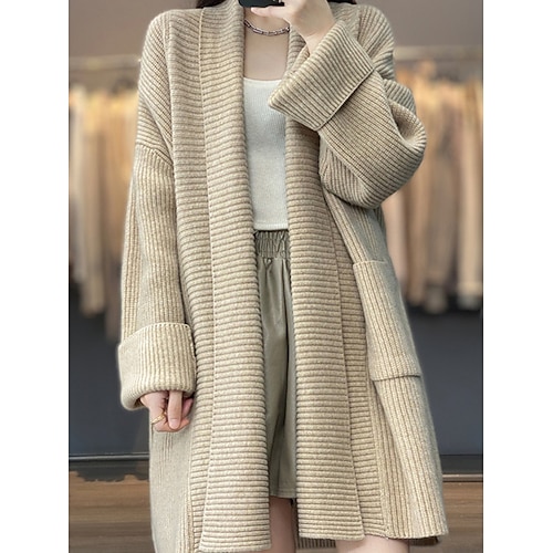 

Mujer suéter abrigo punto acanalado largo oversize cardigan suéter jumper color sólido frente abierto elegante casual al aire libre diario otoño invierno caqui beige talla única