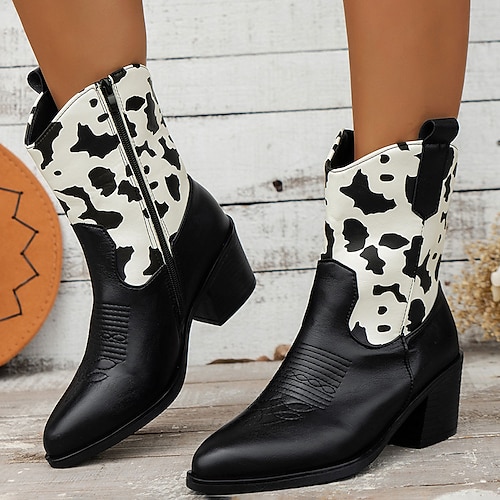 

Bottes de cowboy à talons épais pour femmes, bottes de cowboy à motif de vache noir et blanc pour vacances