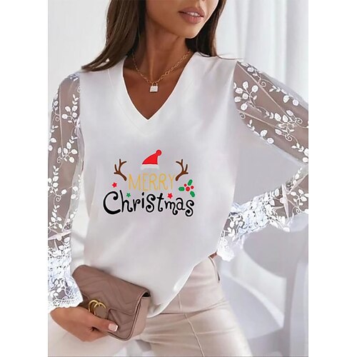 

Women's T shirt Tee Christmas Shirt White Pink Graphic Letter Patchwork Lace Trims Long Sleeve Christmas Casual Weekend Christmas V Neck Regular Fit Geometric Flare Cuff Sleeve All Seasons