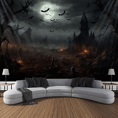 

Tapiz colgante de cementerio de Halloween, arte de pared, tapiz grande, decoración mural, fotografía, telón de fondo, manta, cortina, hogar, dormitorio, sala de estar, decoración, decoraciones de