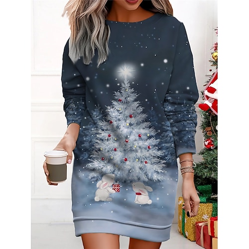 

Women's Christmas Casual Dress Sweatshirt Dress Mini Dress Warm Fashion Outdoor Vacation Crew Neck Print Snowman Tree Loose Fit ArmyGreen Navy Blue Purple S M L XL XXL