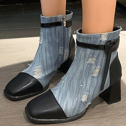 

Damen Stiefel Übergrössen Stiefel mit Absatz Outdoor Täglich Stiefeletten Stiefeletten Winter Reißverschluss Blockabsatz Quadratischer Zeh Vintage Modisch Elegant Denim Jeans Reißverschluss Farbblock