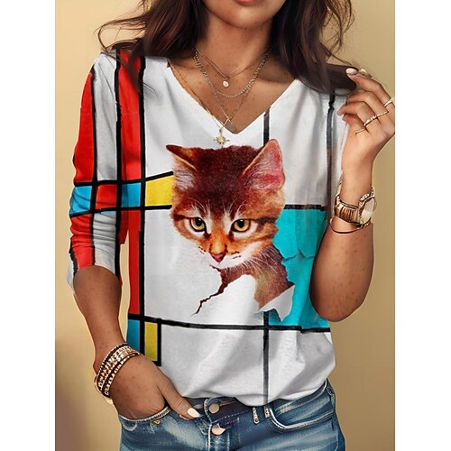 

Women's T shirt Tee White Cat 3D Print Long Sleeve Daily Weekend Fashion V Neck Regular Fit 3D Cat Painting Spring Fall