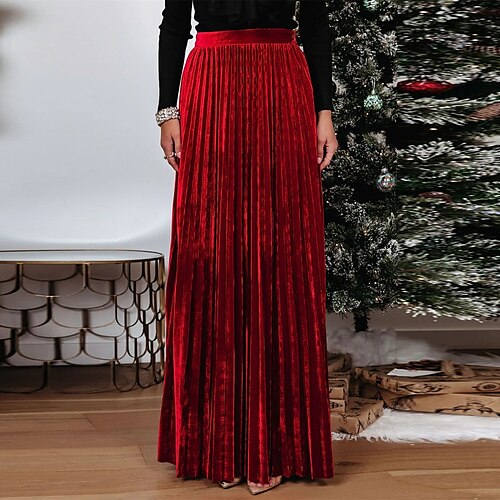 

Mujer Falda Columpio Falda larga Maxi Terciopelo Dorado Rojo tinto Verde Oscuro Faldas Invierno Plisado Moda Elegante Calle Diario S M L