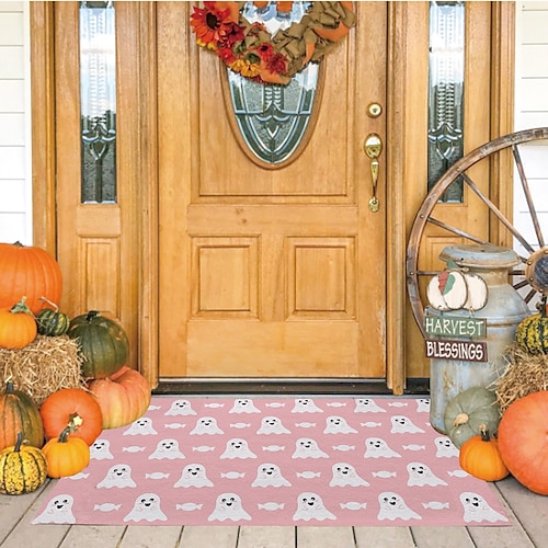 

Alfombra de puerta de entrada de casa fantasma rosa de Halloween, alfombra para sala de estar, dormitorio, cocina, suelo del porche, alfombrilla para pies