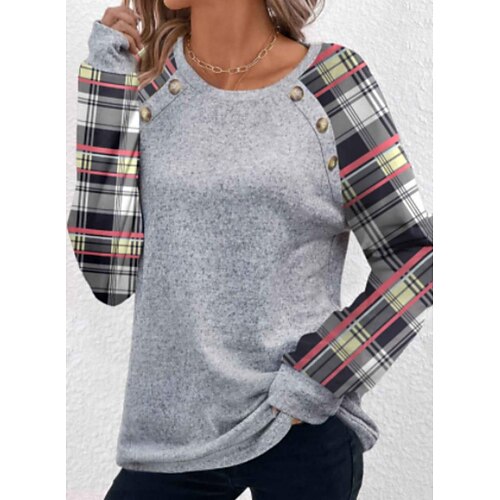 

Damen T Shirt Grau Plaid Taste Bedruckt Langarm Täglich Wochenende Modisch Rundhalsausschnitt Regular Fit Farbe Frühling Herbst