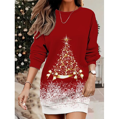 

Women's Christmas Casual Dress Sweatshirt Dress Mini Dress Warm Fashion Outdoor Vacation Crew Neck Print Tree Loose Fit Black Wine Navy Blue S M L XL XXL