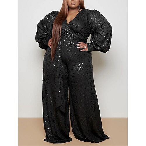 

Feminino plus size macacão curva rendas até lantejoulas cor sólida decote em v festa de férias rua solto ajuste manga longa preto l xl xxl outono