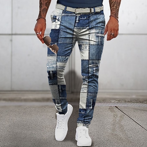 

лоскутный узор клетчатая геометрия мужские деловые классические брюки с 3D принтом брюки классические брюки с плоской передней частью темно-синие брюки со средней талией уличная одежда от s до 3xl
