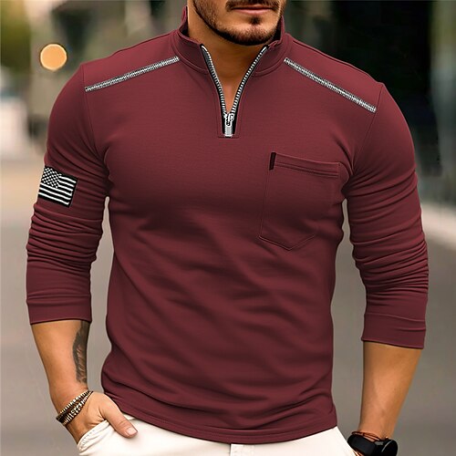 

Homme T shirt Tee Demi-chemise zippée T-shirt Chemise à manches longues Drapeau National Quarter Zip Plein Air Vacances manche longue Poche Vêtement Tenue Mode Design basique