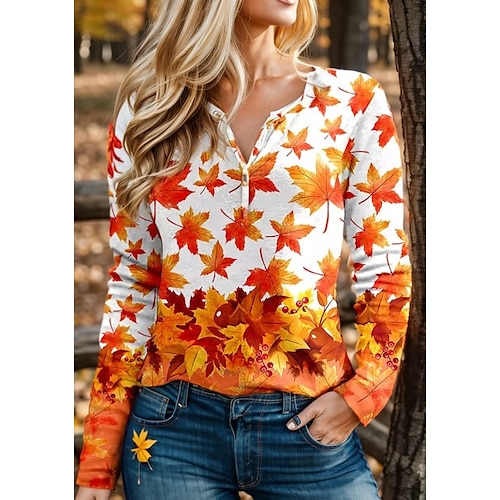 

Women's T shirt Tee Orange Leaf Print Long Sleeve Holiday Weekend Fashion V Neck Regular Fit Spring Fall