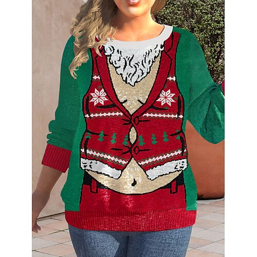 

suéter feio de natal feminino plus size pulôver de natal suéter jumper plus size malha com nervuras estampa regular papai noel gola redonda elegante casual ao ar livre natal outono inverno vinho verde xl 2xl 3xl