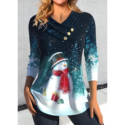 

Damen T Shirt Weihnachts-Shirt Grün Schneemann Taste Bedruckt Langarm Weihnachten Wochenende Fest / Feiertage V Ausschnitt Regular Fit Farbe Frühling Herbst