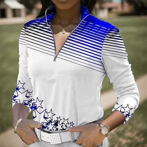 

Mulheres Camisa polo de caminhada Camisa de golfe Respirável Secagem Rápida Pavio Humido Manga Longa Vestuário de golfe Roupas de golfe Normal Zíper Colarinho Alto Riscas Primavera Outono Tênis Golfe