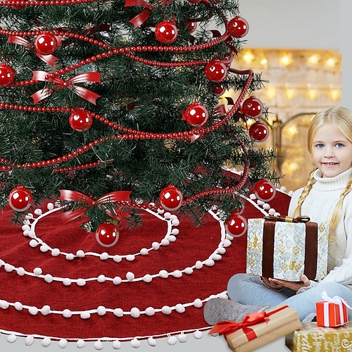 

décoration de noël boule blanche cercle jupe d'arbre en lin boule de fourrure rouge jupe d'arbre décoration de fond d'arbre tablier atmosphère décoration